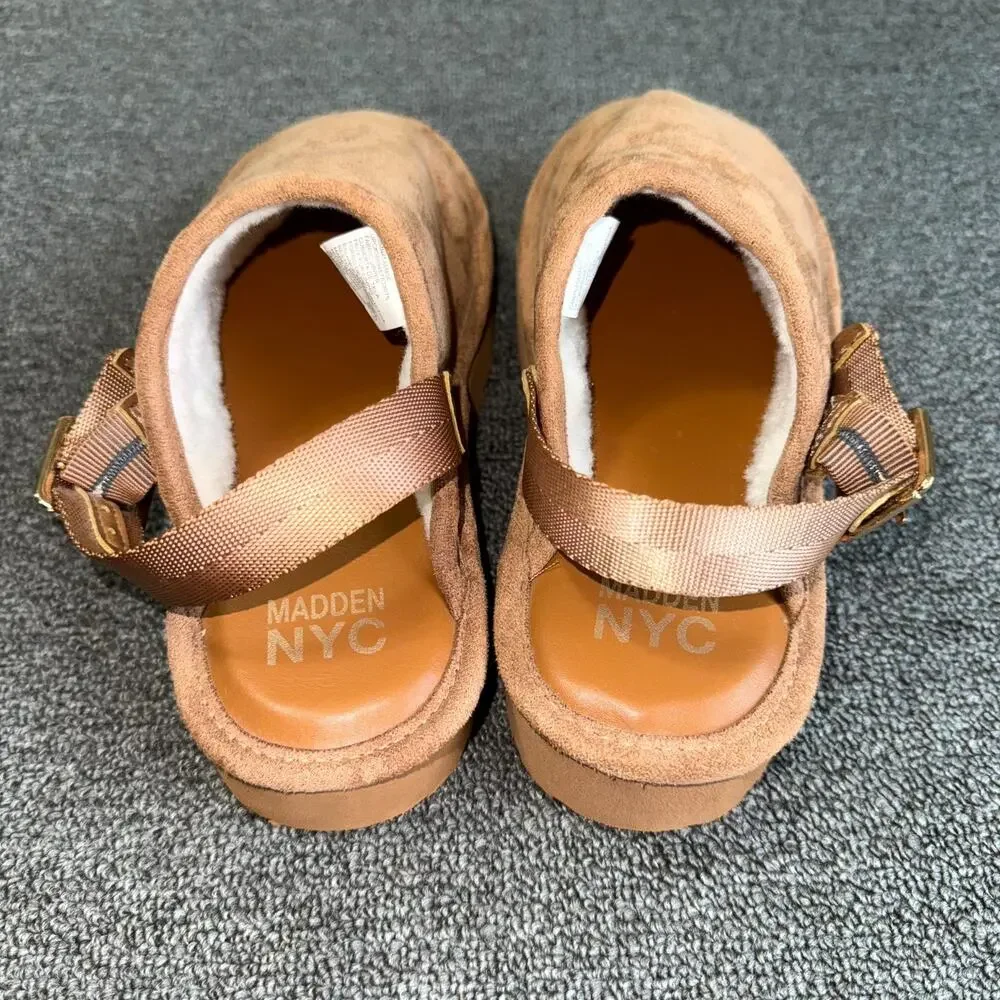 Madden NYC Platform Clogs Girl 3 Brown Suede Faux Shearling‎ Lining Buckle Strap